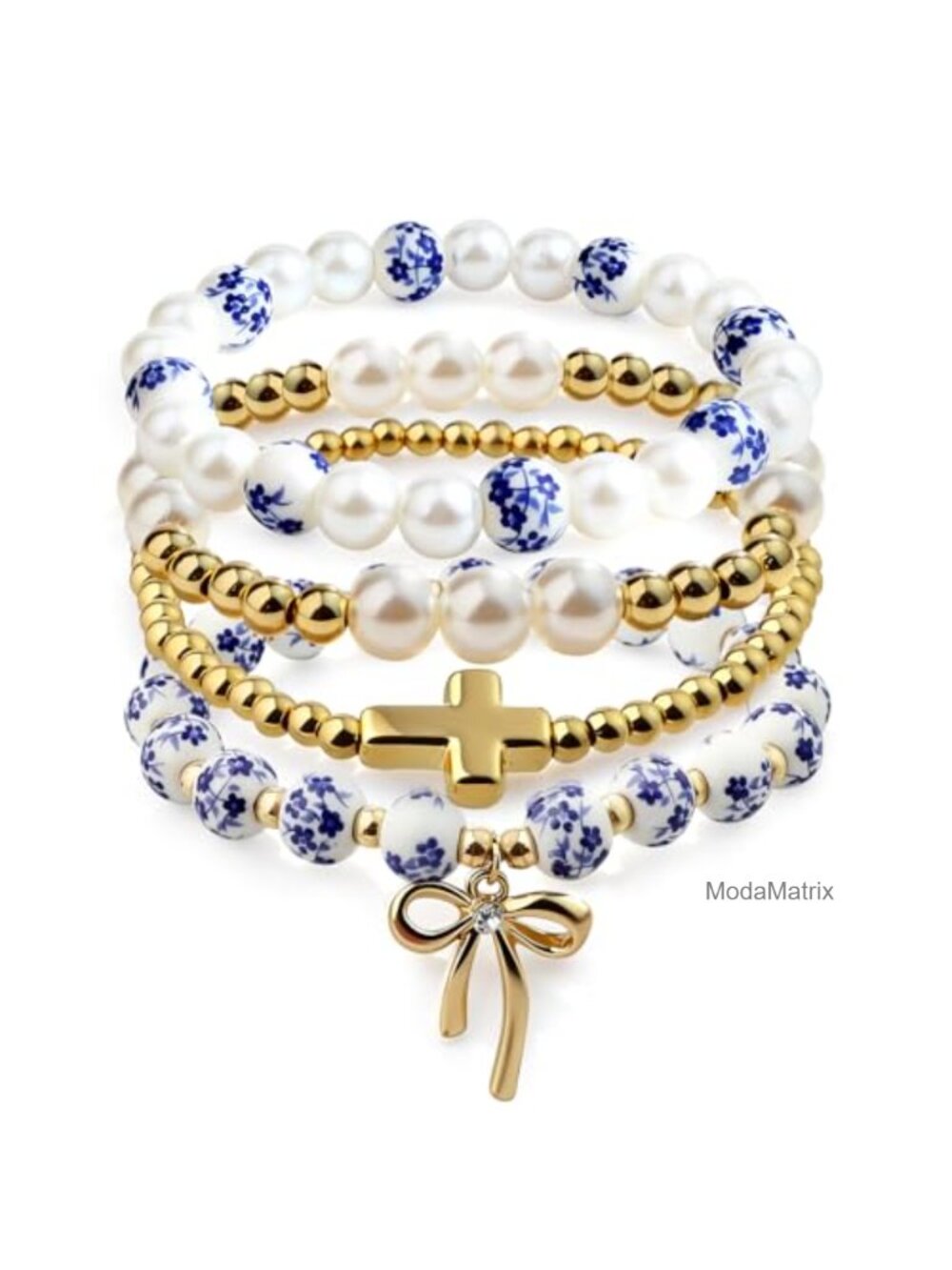 4 Pc Stackable Stretch Beaded Bracelets for Women Bow Cross Pearl Vintage